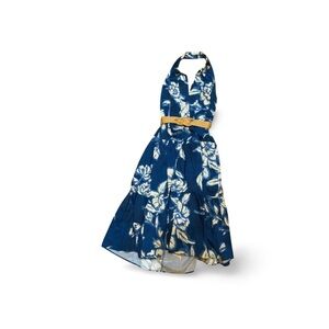 NWT Donna Karan New York 20W Plus Size Blue Floral Halter Tiered Dress Belt